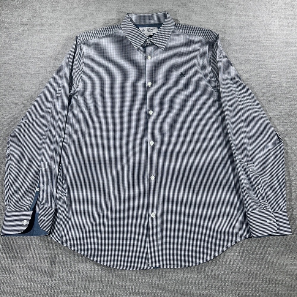 Original Penguin Button Down‎ Shirt Mens Large Navy Gingham Excellent Heritage